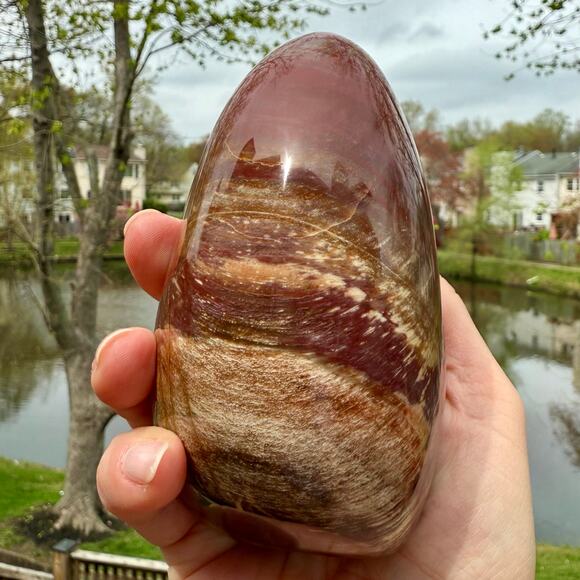 Large Polished Ocean Jasper Standing Freeform | Red, Ochre & Cream Banding - Picture 5 of 7